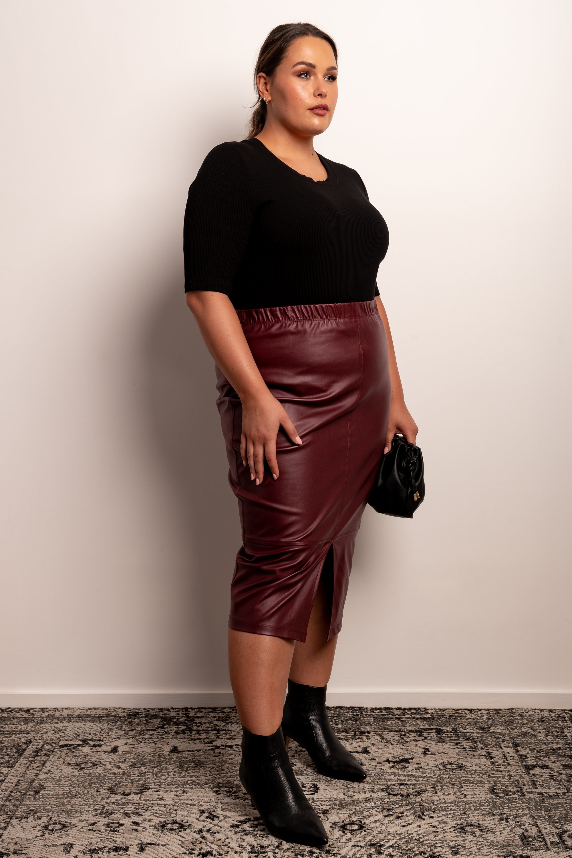 Burgundy leather outlet look midi skirt